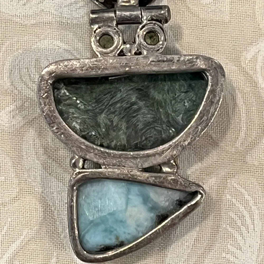 Labradorite Larimar and Peridot 0.925 Silver Necklace Pendant
